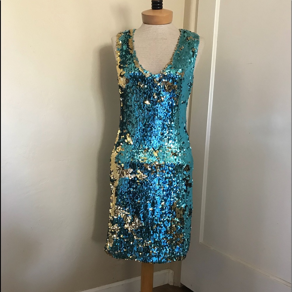 Mermaid Sequin  Cocktail Dress sz L blue and gold